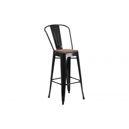 BLNK Lily Metal Bar Stool with Back and Wood Seat - Black