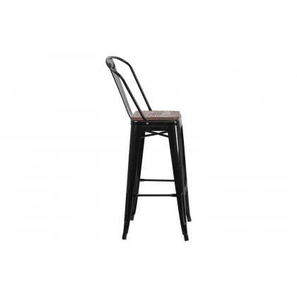 BLNK Lily Metal Bar Stool with Back and Wood Seat - Black