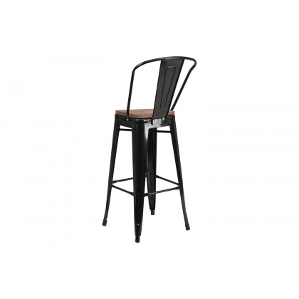 BLNK Lily Metal Bar Stool with Back and Wood Seat - Black