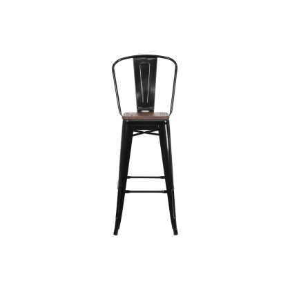 BLNK Lily Metal Bar Stool with Back and Wood Seat - Black