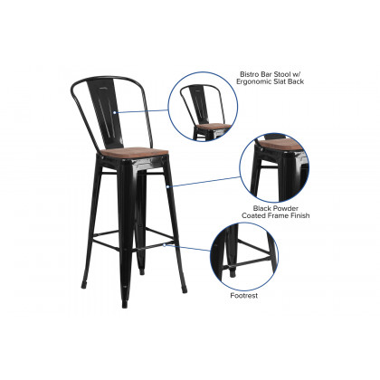 BLNK Lily Metal Bar Stool with Back and Wood Seat - Black