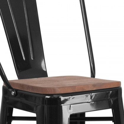 BLNK Lily Metal Bar Stool with Back and Wood Seat - Black