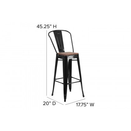 BLNK Lily Metal Bar Stool with Back and Wood Seat - Black