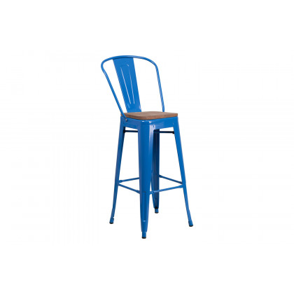 BLNK Lily Metal Bar Stool with Back and Wood Seat - Blue