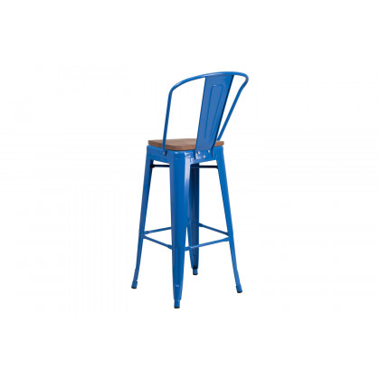 BLNK Lily Metal Bar Stool with Back and Wood Seat - Blue