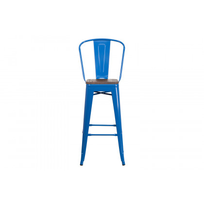 BLNK Lily Metal Bar Stool with Back and Wood Seat - Blue