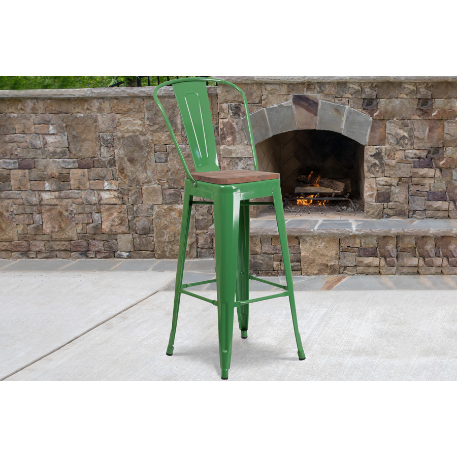 BLNK Lily Metal Bar Stool with Back and Wood Seat - Green