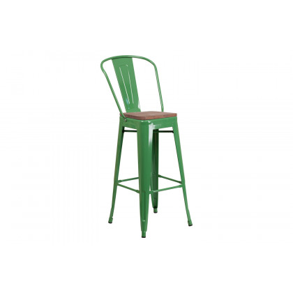 BLNK Lily Metal Bar Stool with Back and Wood Seat - Green