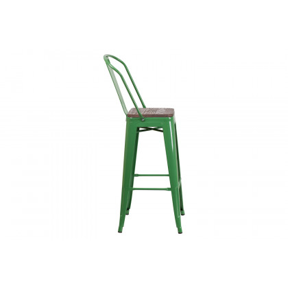 BLNK Lily Metal Bar Stool with Back and Wood Seat - Green