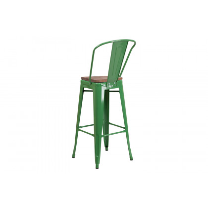 BLNK Lily Metal Bar Stool with Back and Wood Seat - Green