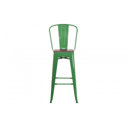 BLNK Lily Metal Bar Stool with Back and Wood Seat - Green