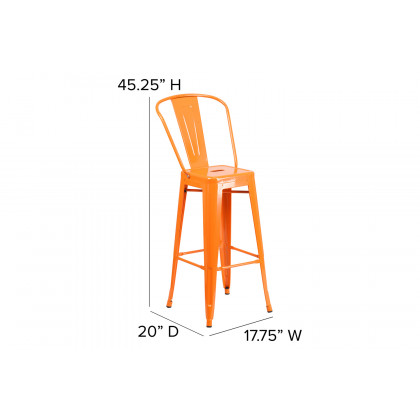BLNK Kai Commercial All-Weather Bar Height Stool with Removable Back and Resin Seat - Orange/Teak
