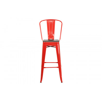 BLNK Lily Metal Bar Stool with Back and Wood Seat - Red