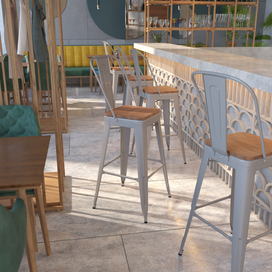 BLNK Lily Metal Bar Stool with Back and Wood Seat - Silver