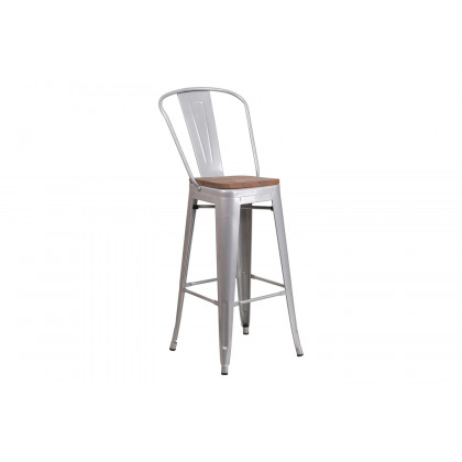 BLNK Lily Metal Bar Stool with Back and Wood Seat - Silver