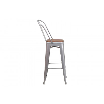 BLNK Lily Metal Bar Stool with Back and Wood Seat - Silver