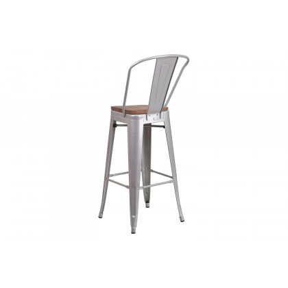 BLNK Lily Metal Bar Stool with Back and Wood Seat - Silver