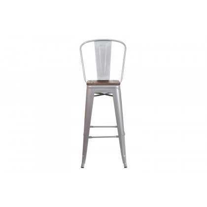 BLNK Lily Metal Bar Stool with Back and Wood Seat - Silver