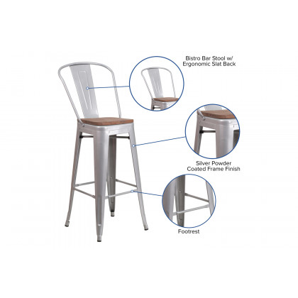BLNK Lily Metal Bar Stool with Back and Wood Seat - Silver