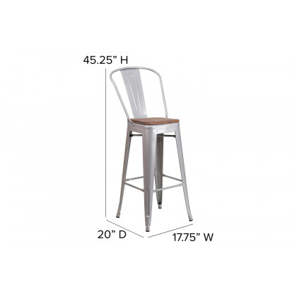 BLNK Lily Metal Bar Stool with Back and Wood Seat - Silver