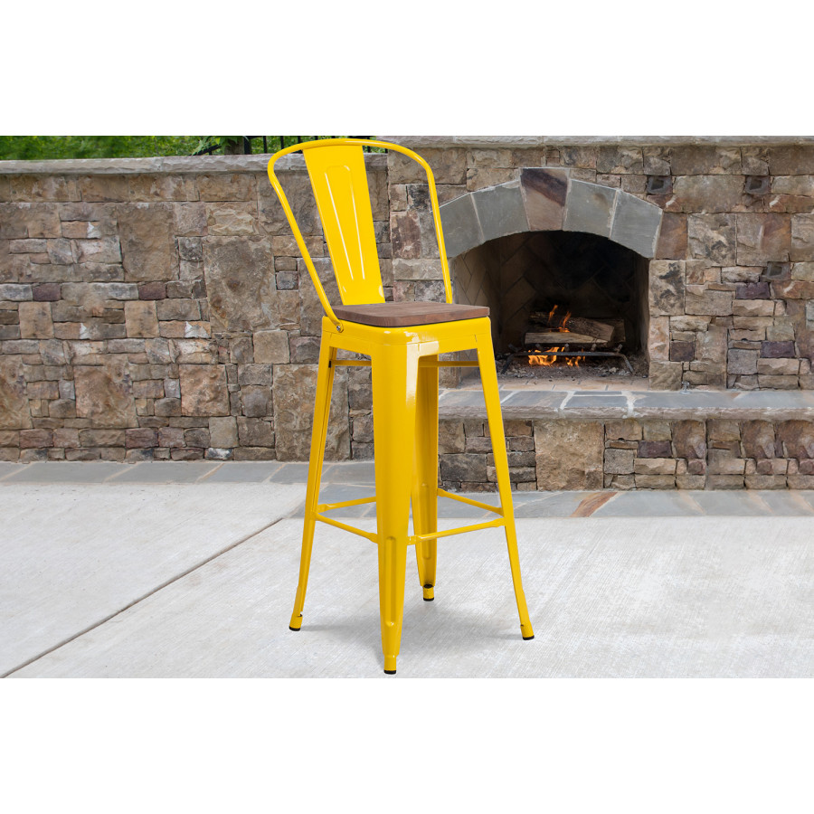 BLNK Lily Metal Bar Stool with Back and Wood Seat - Yellow