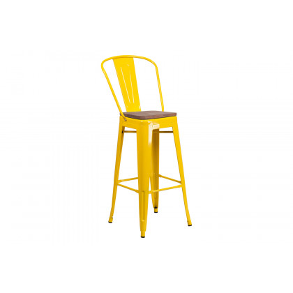 BLNK Lily Metal Bar Stool with Back and Wood Seat - Yellow