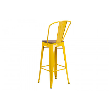 BLNK Lily Metal Bar Stool with Back and Wood Seat - Yellow