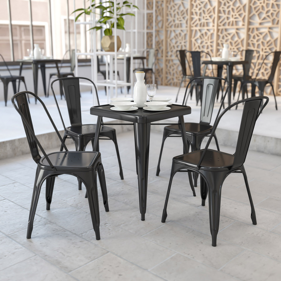 BLNK Owen Commercial Square Metal Indoor-Outdoor Table Set with 2 Stack Chairs - Black
