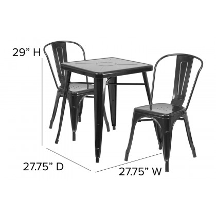 BLNK Owen Commercial Square Metal Indoor-Outdoor Table Set with 2 Stack Chairs - Black