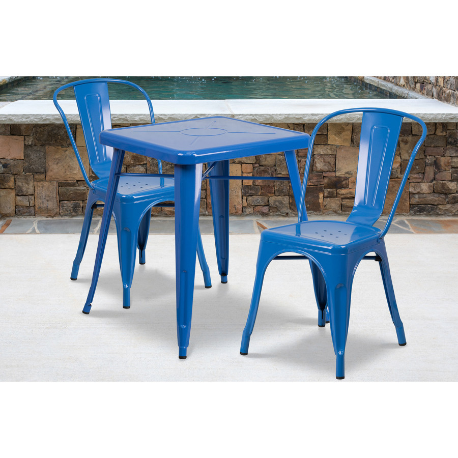 BLNK Owen Commercial Square Metal Indoor-Outdoor Table Set with 2 Stack Chairs - Blue
