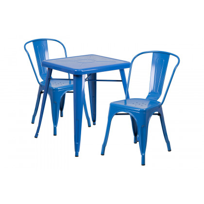 BLNK Owen Commercial Square Metal Indoor-Outdoor Table Set with 2 Stack Chairs - Blue