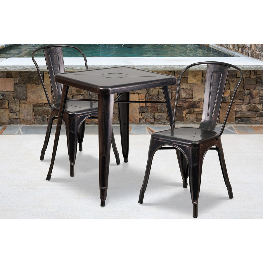 BLNK Owen Commercial Square Metal Indoor-Outdoor Table Set with 2 Stack Chairs - Black/Antique Gold