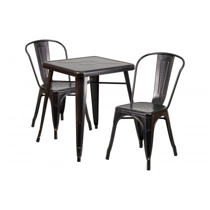 BLNK Owen Commercial Square Metal Indoor-Outdoor Table Set with 2 Stack Chairs - Black/Antique Gold