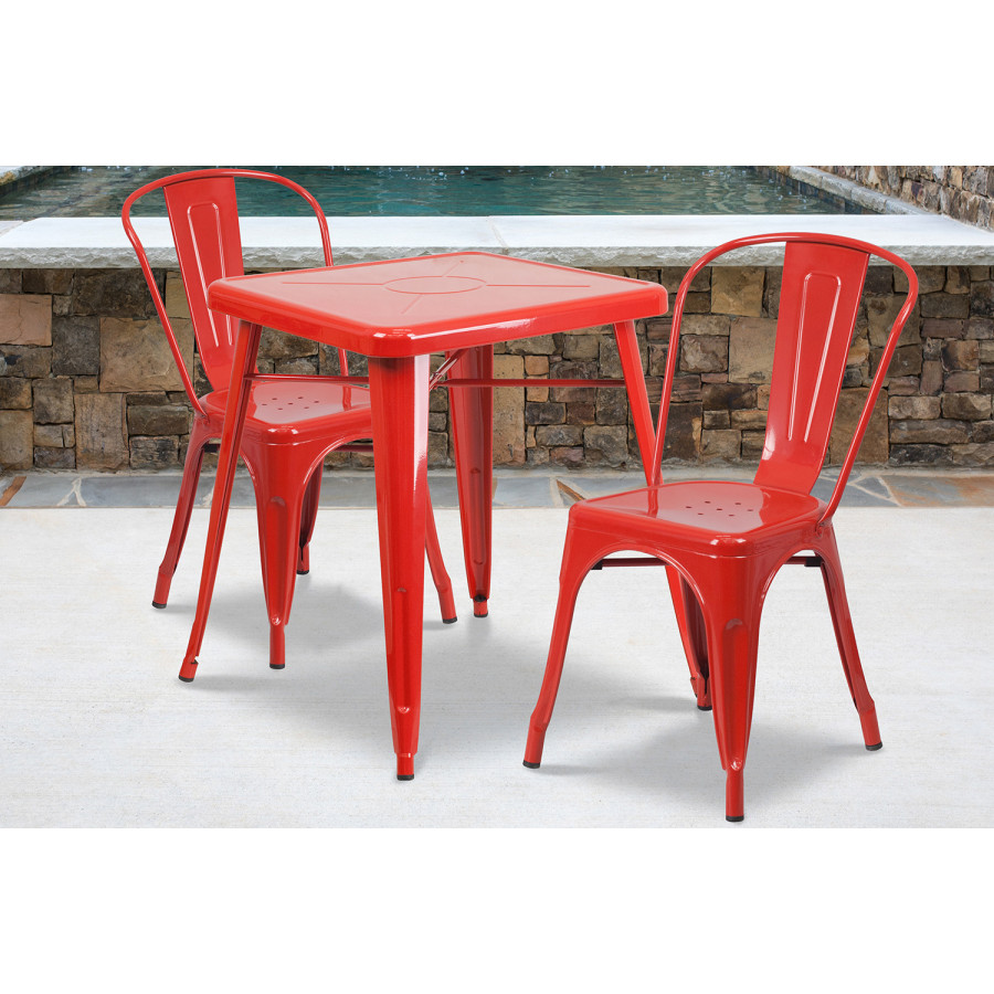 BLNK Owen Commercial Square Metal Indoor-Outdoor Table Set with 2 Stack Chairs - Red