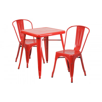 BLNK Owen Commercial Square Metal Indoor-Outdoor Table Set with 2 Stack Chairs - Red