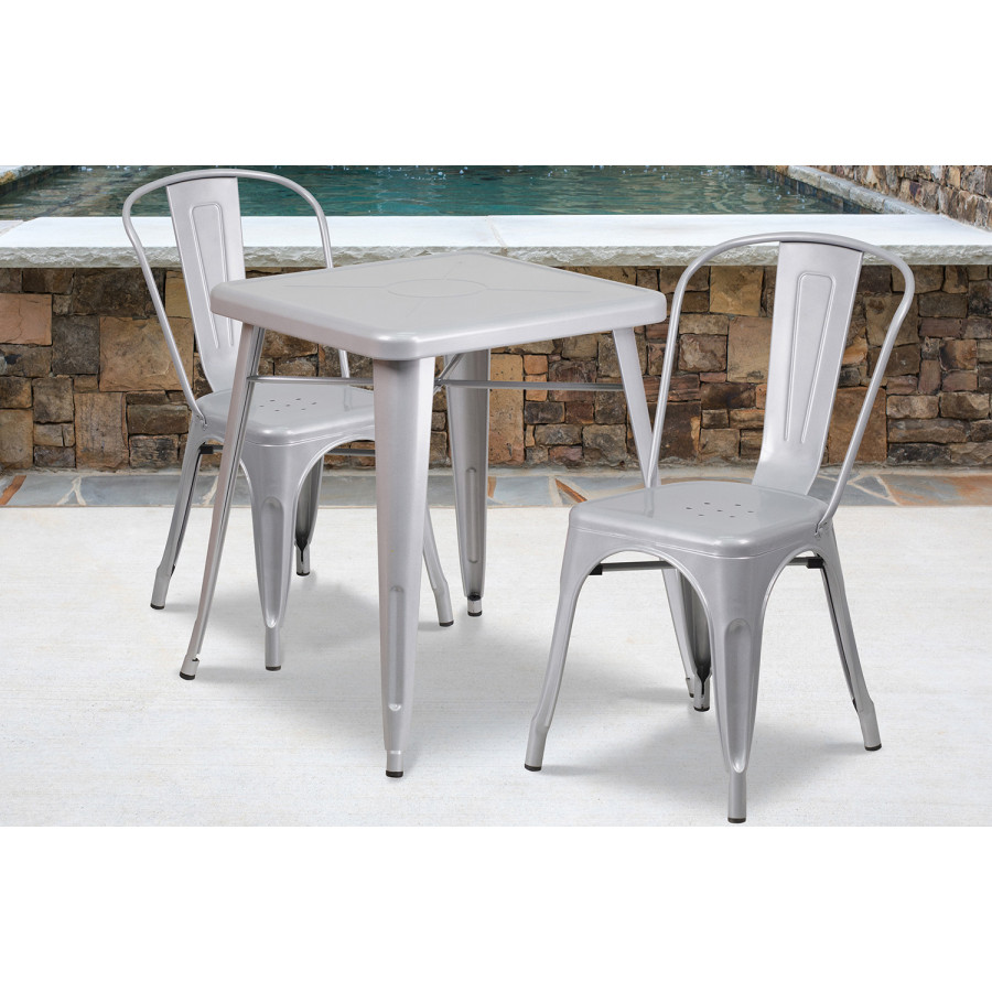 BLNK Owen Commercial Square Metal Indoor-Outdoor Table Set with 2 Stack Chairs - Silver