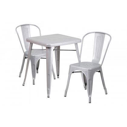 BLNK Owen Commercial Square Metal Indoor-Outdoor Table Set with 2 Stack Chairs - Silver