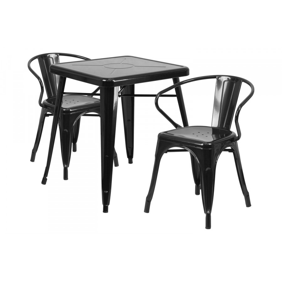 BLNK Owen Commercial Square Metal Indoor-Outdoor Table Set with 2 Arm Chairs - Black
