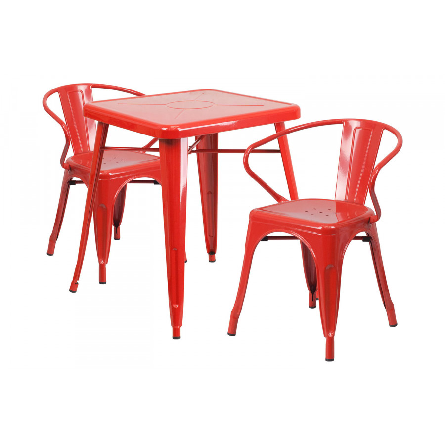 BLNK Owen Commercial Square Metal Indoor-Outdoor Table Set with 2 Arm Chairs - Red