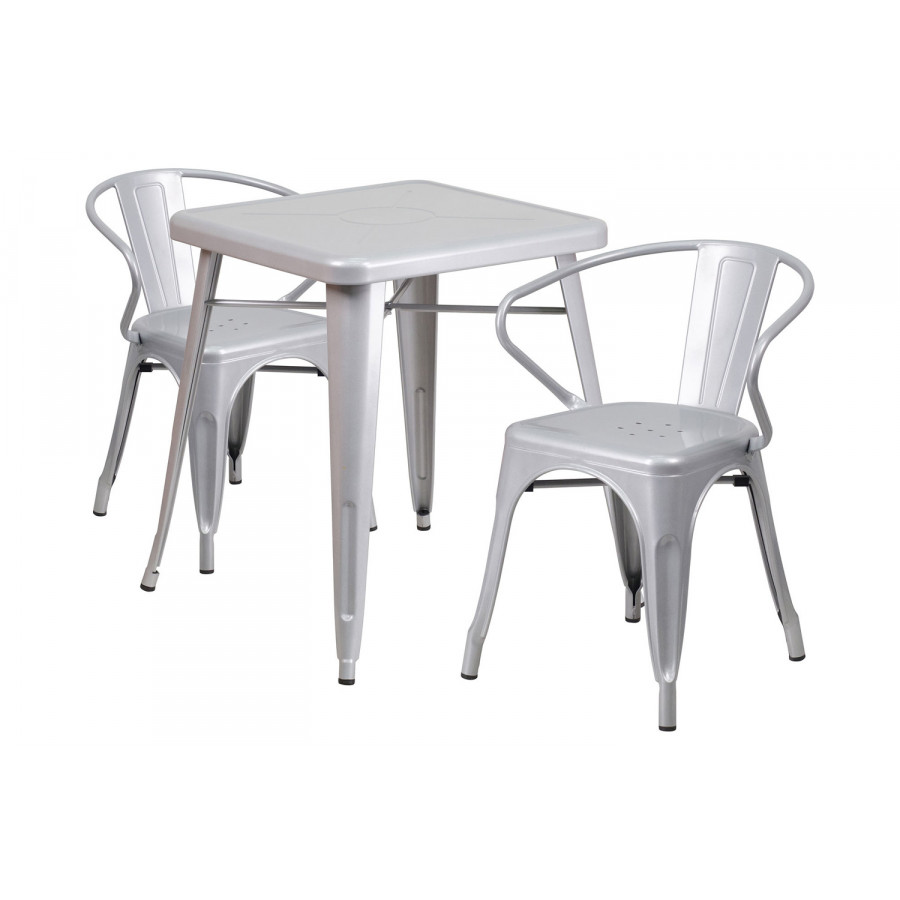BLNK Owen Commercial Square Metal Indoor-Outdoor Table Set with 2 Arm Chairs - Silver