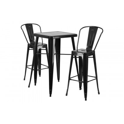 BLNK Gable Commercial Square Metal Indoor-Outdoor Bar Table Set with 2 Stools with Backs - Black