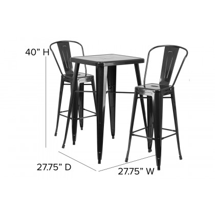 BLNK Gable Commercial Square Metal Indoor-Outdoor Bar Table Set with 2 Stools with Backs - Black