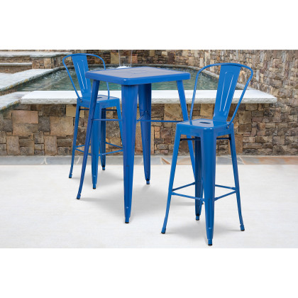 BLNK - Gable Commercial Square Metal Indoor-Outdoor Bar Table Set with 2 Stools with Backs
