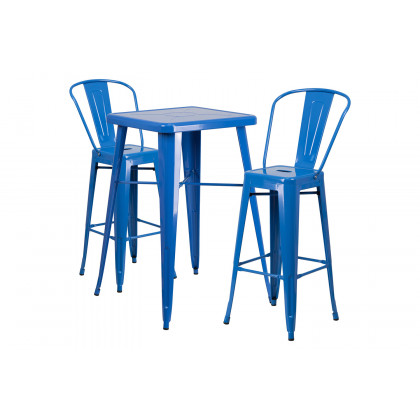 BLNK Gable Commercial Square Metal Indoor-Outdoor Bar Table Set with 2 Stools with Backs - Blue