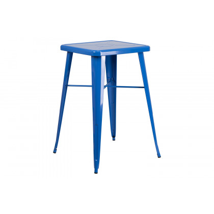BLNK Gable Commercial Square Metal Indoor-Outdoor Bar Table Set with 2 Stools with Backs - Blue