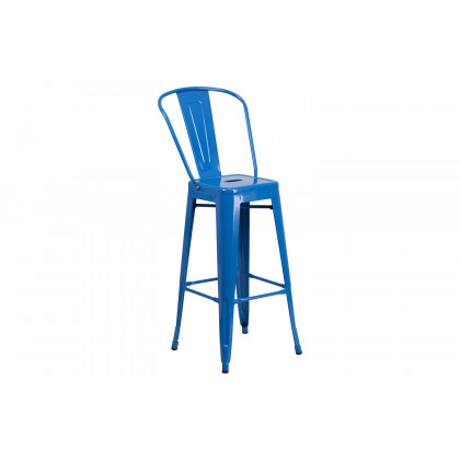 BLNK Gable Commercial Square Metal Indoor-Outdoor Bar Table Set with 2 Stools with Backs - Blue