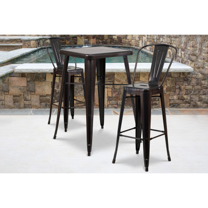 BLNK - Gable Commercial Square Metal Indoor-Outdoor Bar Table Set with 2 Stools with Backs