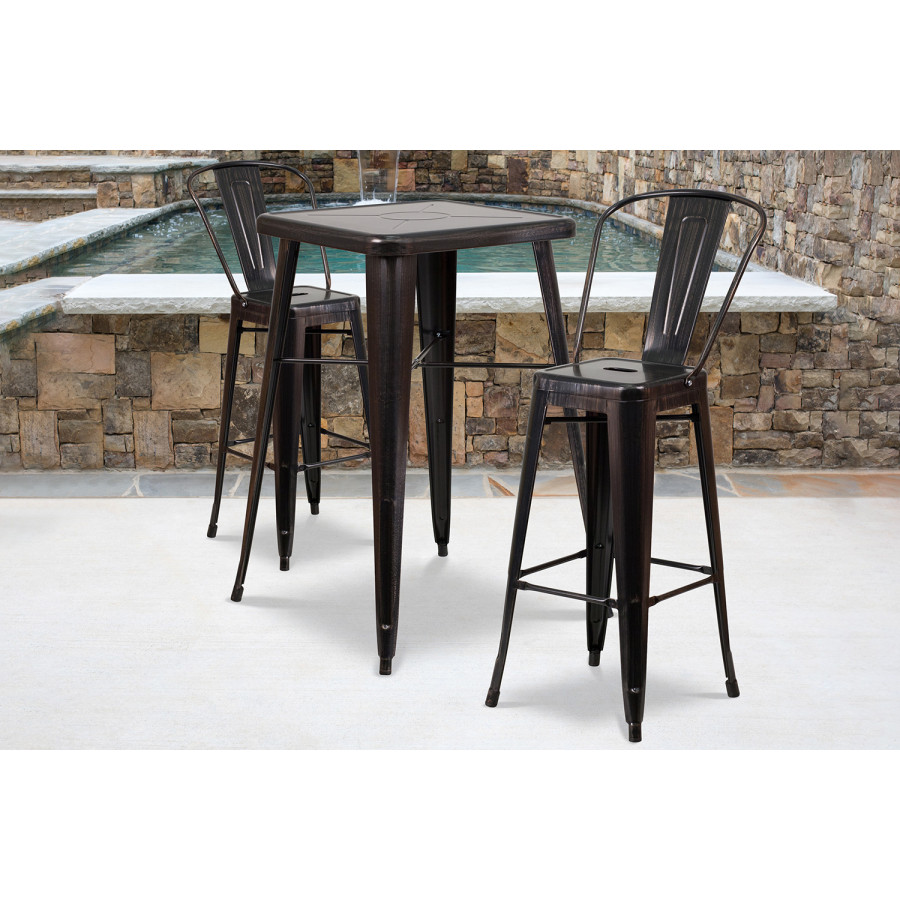 BLNK Gable Commercial Square Metal Indoor-Outdoor Bar Table Set with 2 Stools with Backs - Black/Antique Gold