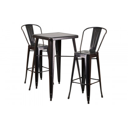 BLNK Gable Commercial Square Metal Indoor-Outdoor Bar Table Set with 2 Stools with Backs - Black/Antique Gold