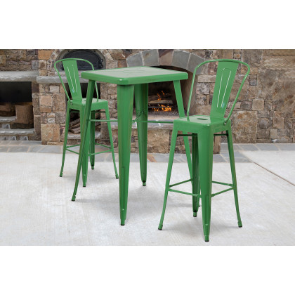 BLNK - Gable Commercial Square Metal Indoor-Outdoor Bar Table Set with 2 Stools with Backs